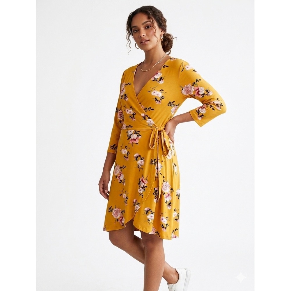 Mustard Yellow Summer Floral Faux Wrap Dress 3/4 Sleeve V-Neck Stretch Jersey XL